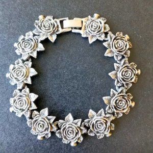 Vintage handmade silver tone link bracelet with rose flowers